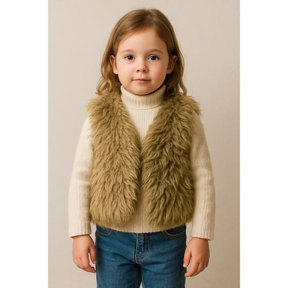 Y2K Shaggy Faux Fur Vest Tan Old Navy Kids 4T Cozy Fall Winter Layering - Picture 1 of 5